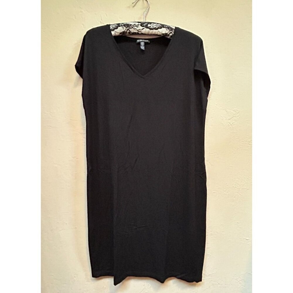 Eileen Fisher Womens Medium Black Viscose Jersey V-Neck Shift Dress Short Sleeve